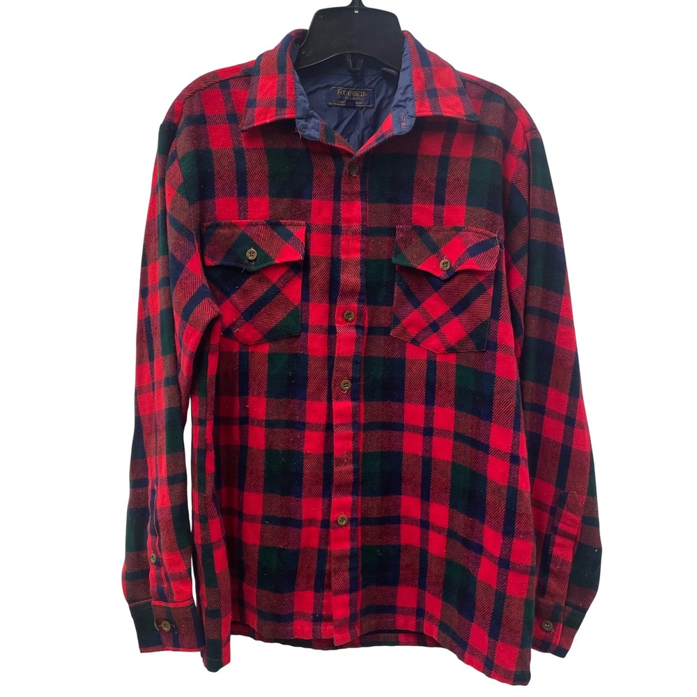 Vtg RUGGED Virgin Acrylic Plaid Flannel Button‎ Up Shirt Men's Size Medium Cozy